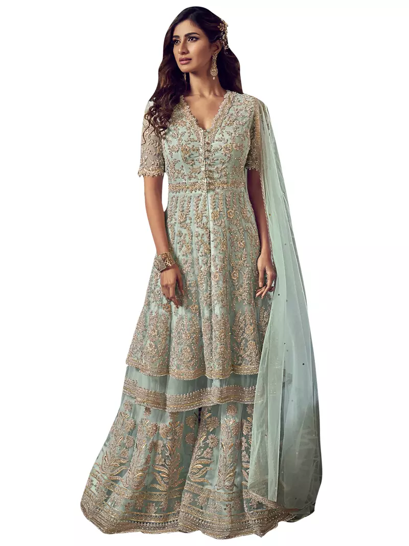 Turquoise embroidered net salwar