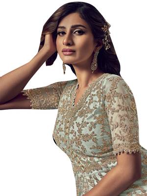 Turquoise embroidered net salwar 2