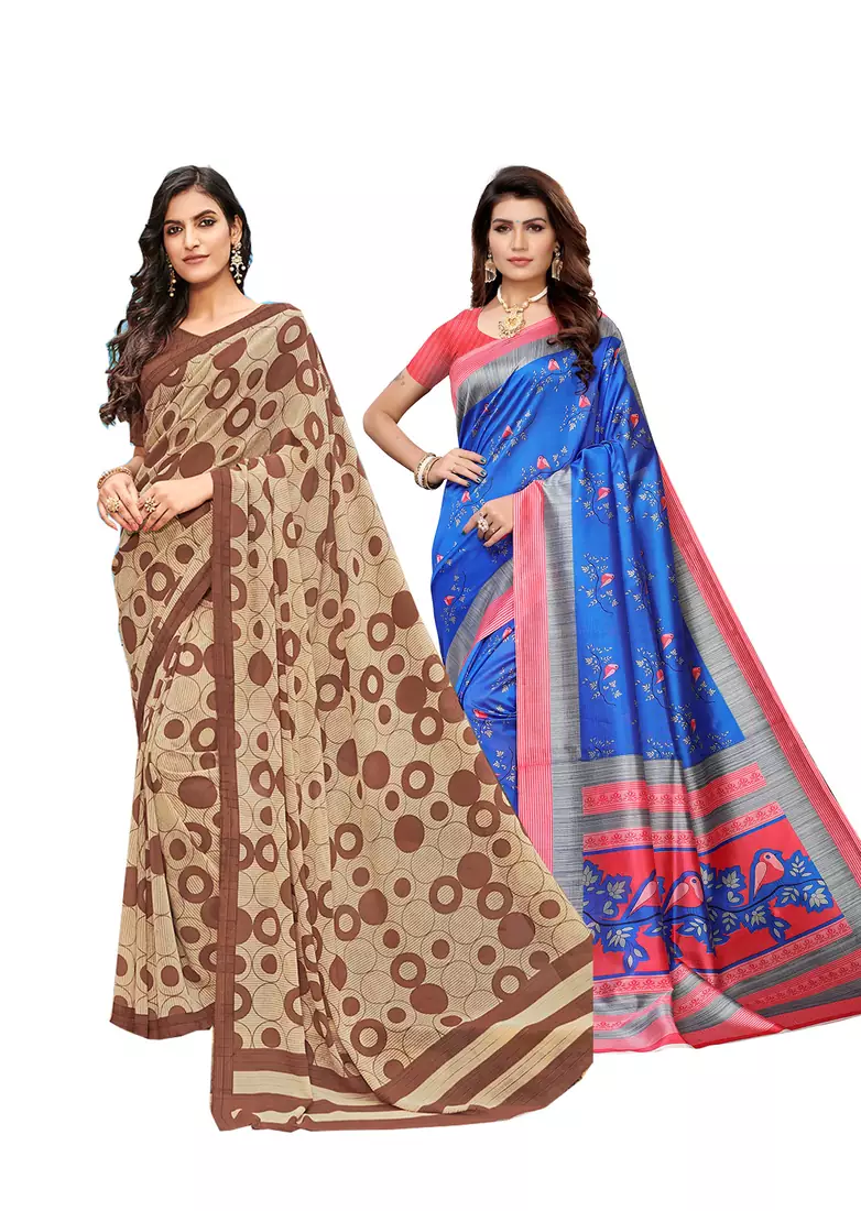 Classiques Brown& Blue Saree Combos With Blouse (Pack of 2)