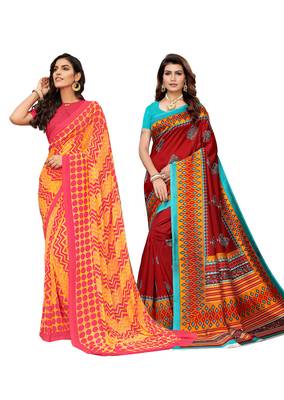 Classiques Yellow& Red Saree Combos With Blouse (Pack of 2) 1