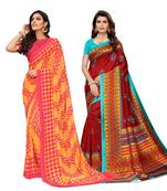 Classiques Yellow& Red Saree Combos With Blouse (Pack of 2)