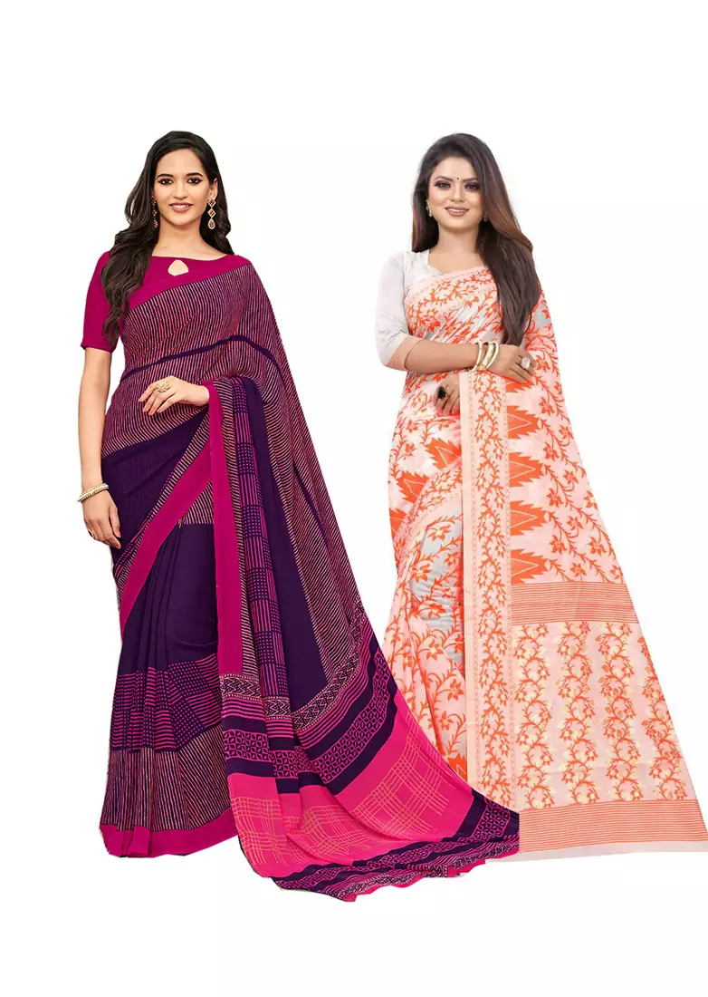 Classiques Purple & Orange Saree Combos With Blouse (Pack of 2)