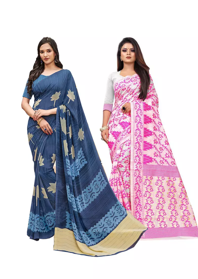 Classiques Blue& Pink Saree Combos With Blouse (Pack of 2)