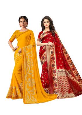 Classiques Yellow & Red Saree Combos With Blouse (Pack of 2) 1