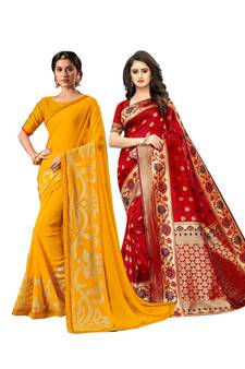 Classiques Yellow & Red Saree Combos With Blouse (Pack of 2)