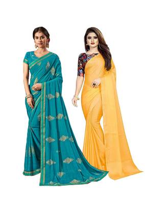 Classiques Blue & Mustard Yellow Saree Combos With Blouse (Pack of 2) 1