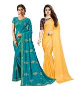 Classiques Blue & Mustard Yellow Saree Combos With Blouse (Pack of 2)