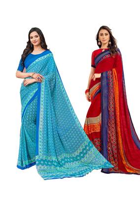 Classiques Blue & Red Saree Combos With Blouse (Pack of 2) 1