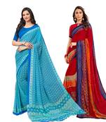 Classiques Blue & Red Saree Combos With Blouse (Pack of 2)