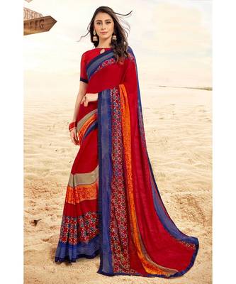 Classiques Blue & Red Saree Combos With Blouse (Pack of 2) 2