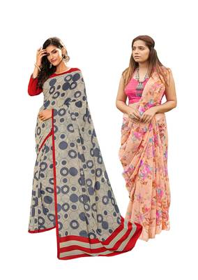 Classiques Grey & Peach Saree Combos With Blouse (Pack of 2) 1