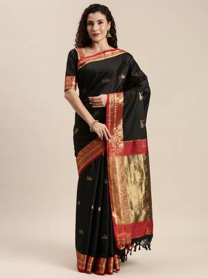 Black woven cotton silk saree with blouse 1