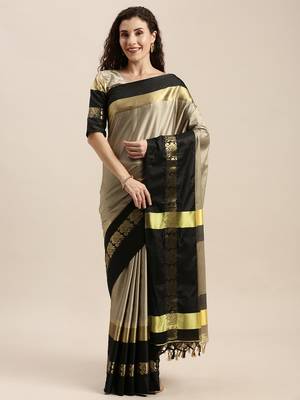 Beige woven cotton silk saree with blouse 1