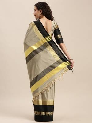 Beige woven cotton silk saree with blouse 2