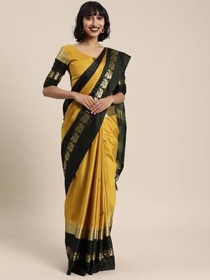 Mustard woven cotton silk saree with blouse 1