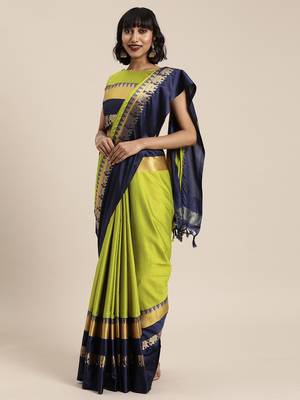Lime woven cotton silk saree with blouse 1