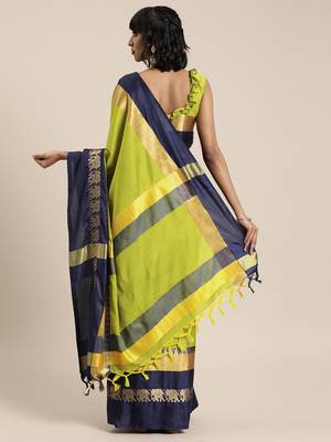Lime woven cotton silk saree with blouse 2