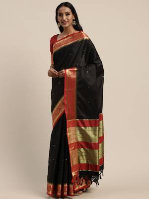 Black woven cotton silk saree with blouse 1