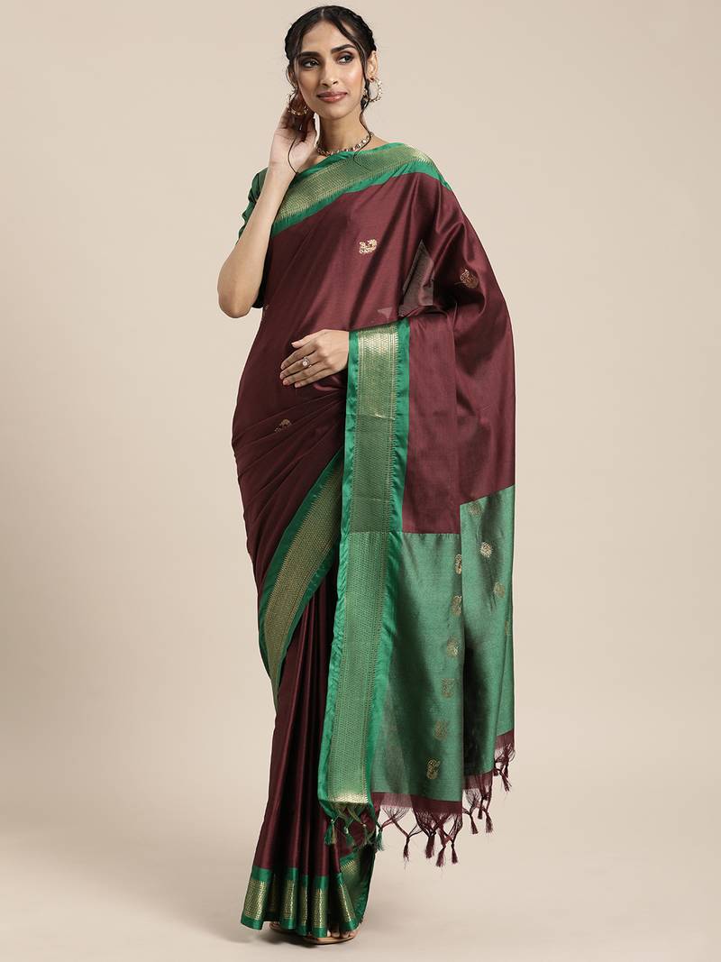 Women's Satin Silk Maroon Woven Design Designer Saree With Blouse Piece