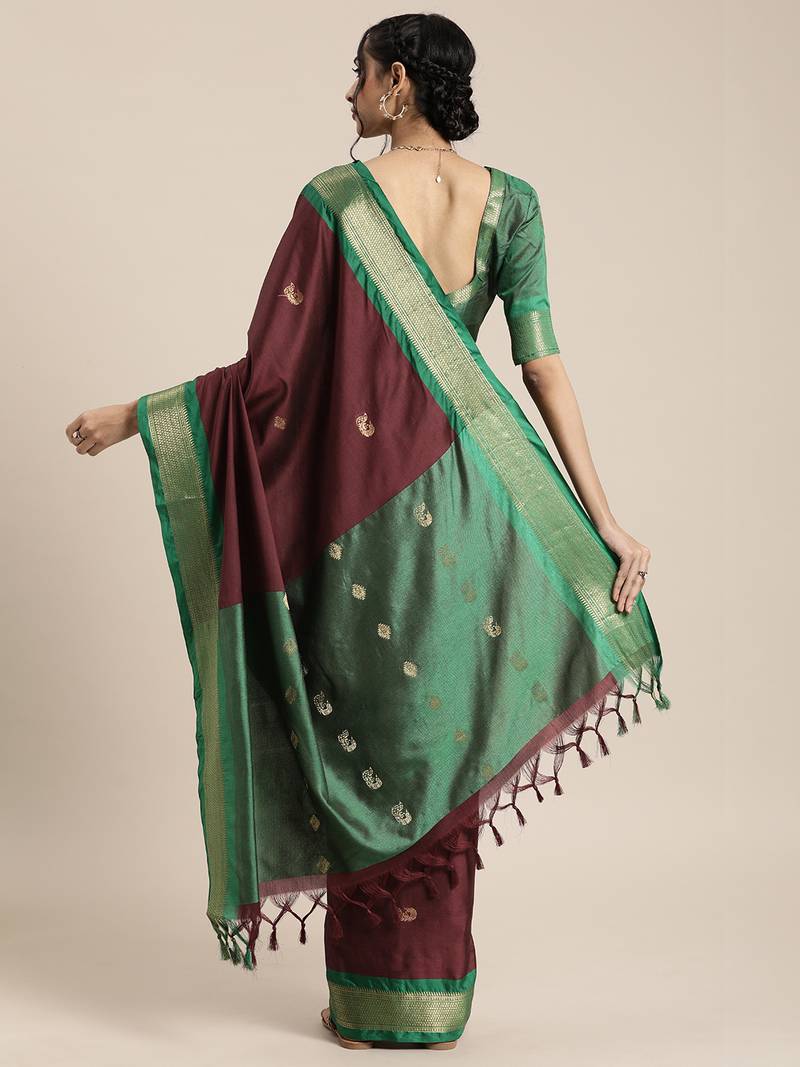Women's Tissue Maroon Woven Design Designer Saree With Blouse Piece