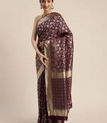 Maroon woven silk blend saree with blouse