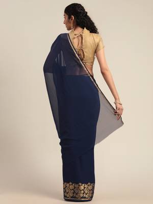 Navy blue woven chiffon saree with blouse 2