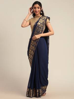 Navy blue woven chiffon saree with blouse 4