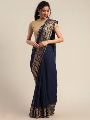 Navy blue woven chiffon saree with blouse 5