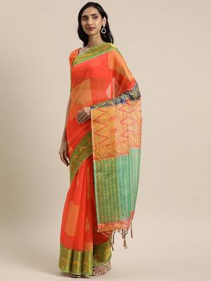 Orange printed linen saree with blouse 1