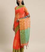 Orange printed linen saree with blouse