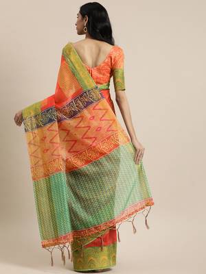 Orange printed linen saree with blouse 2