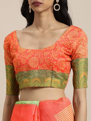 Orange printed linen saree with blouse 3