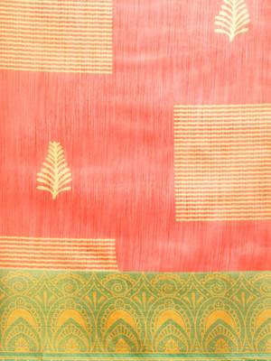 Orange printed linen saree with blouse 5