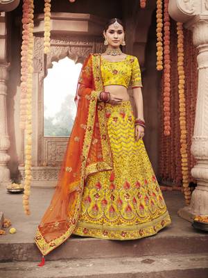 Yellow embroidered silk semi stitched lehenga 1