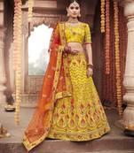 Yellow embroidered silk semi stitched lehenga