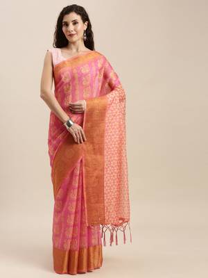 Pink printed linen saree with blouse 1