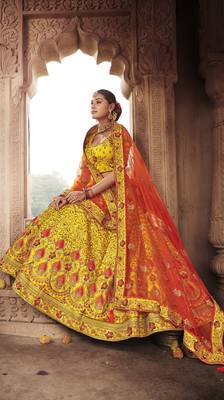 Yellow embroidered silk semi stitched lehenga 2