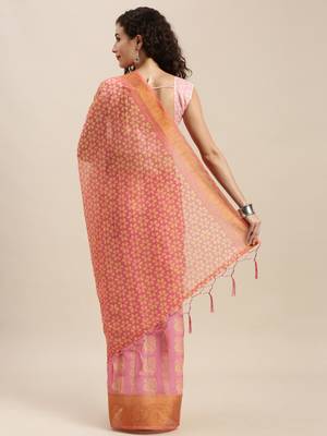Pink printed linen saree with blouse 2