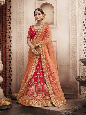 Red embroidered silk semi stitched lehenga 1