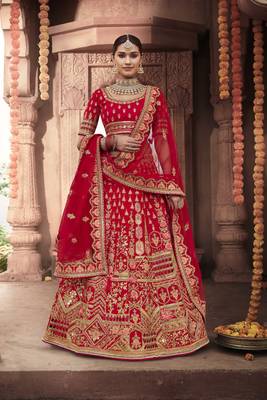 Red embroidered silk semi stitched lehenga 1