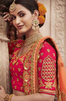 Red embroidered silk semi stitched lehenga 2