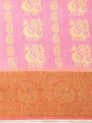 Pink printed linen saree with blouse 5