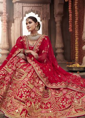 Red embroidered silk semi stitched lehenga 2