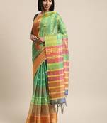 Green printed linen saree with blouse