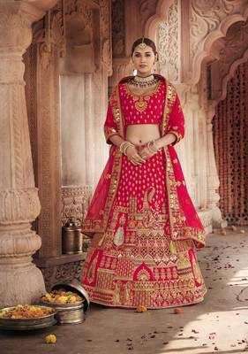 Red embroidered silk semi stitched lehenga 1