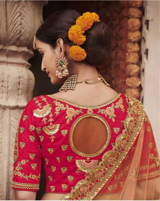 Red embroidered silk semi stitched lehenga 3