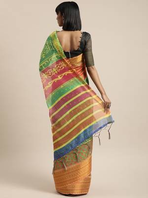 Green printed linen saree with blouse 2