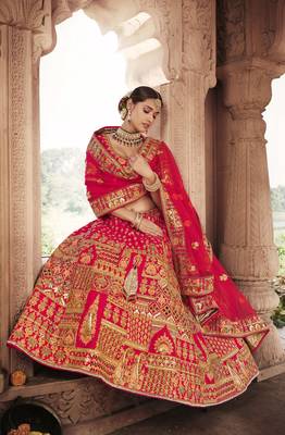 Red embroidered silk semi stitched lehenga 2