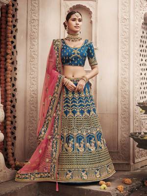Aqua-blue embroidered silk semi stitched lehenga 1