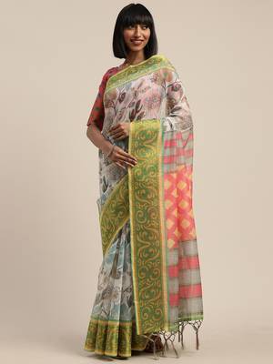 White printed linen saree with blouse 1